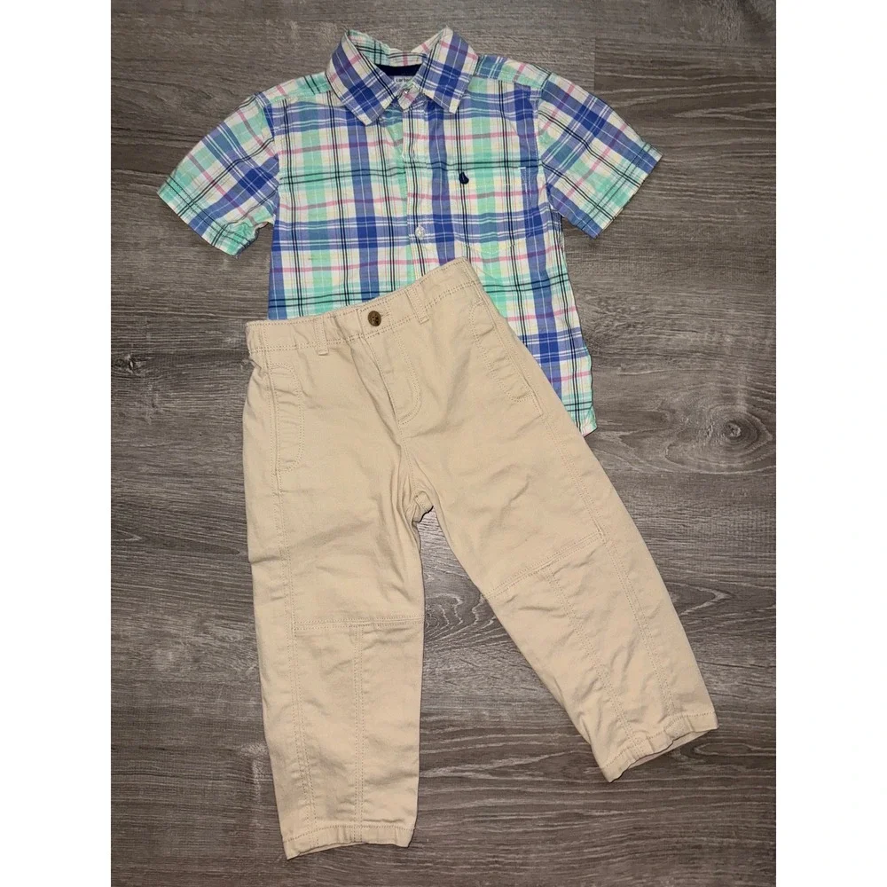 Carter's Old Navy Kids Plaid Button Down Shirt Khaki Pants Set Toddler 3T boy